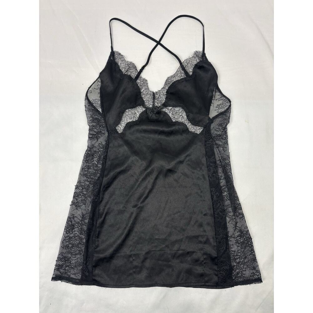 Victoria’s Secret Women’s Satin Teddie Nightgown Eyelash Lace Top Black S